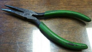 Vintage Klein Bell System D203 Long Nose Pliers,  Serrated Jaws,  Green Grips