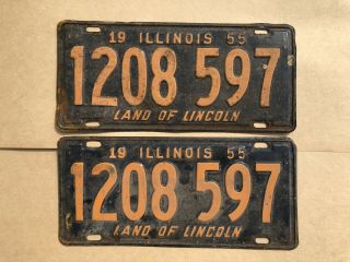Vintage 1955 Illinois License Plate Matched Pair Set Tag 1208 597 Lincoln
