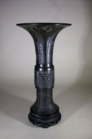 Antique Chinese Bronze Gu Vase & Carved Wood Stand