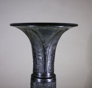Antique Chinese Bronze Gu Vase & Carved Wood Stand 2