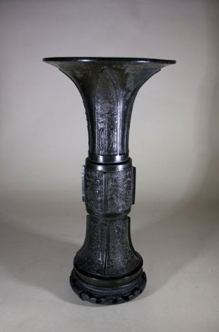Antique Chinese Bronze Gu Vase & Carved Wood Stand 3