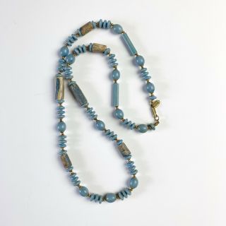 Vintage Miriam Haskell Turquoise Blue Beaded Necklace Wood & Plastic Beads 30 "