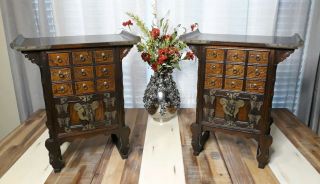 Vintage Chinese Wood Apothecary Medicine Cabinets Altar Table Herb 9 Drawer Pair