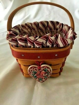 Vintage 1995 Longaberger Basket W/heart Pottery Ornament,  Liner And Protector