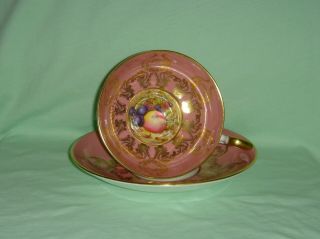Vintage Aynsley Fruits Pink Pedestal Cup & Saucer With Gold - Signed D.  Jones