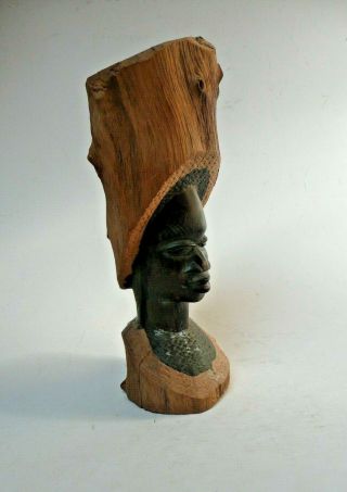 Vintage African Tribal Wooden Carving Female Head In Headware Ebony Wood