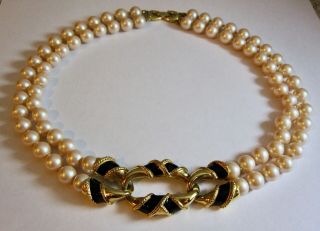 Vintage Richelieu Gold Tone & Black Enamel Two Strand Faux Pearl Necklace 16 ¼”