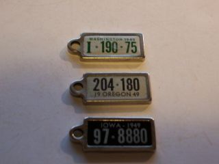 (3) Vintage1949 Dav Keychain License Plate Tags,  Oregon,  Washington,  Iowa