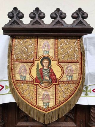 Exceptional Gothic Church Embroidery Brocade Tapestry Banner/flag With Angels