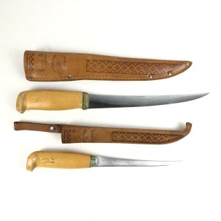2 Vintage J.  Marttiini Finland Rapala Filet Knife Fish Fishing Leather Sheath