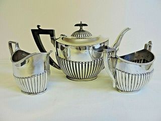 Antique Silver Plate Tea Set 3 Piece Half Gadroon Design Ebony Handle & Finial