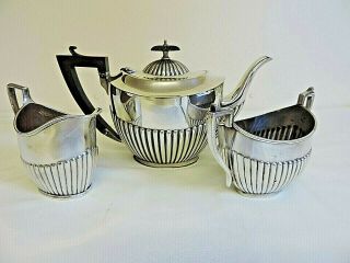 Antique Silver Plate Tea Set 3 Piece Half Gadroon Design Ebony Handle & Finial 2
