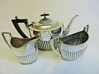 Antique Silver Plate Tea Set 3 Piece Half Gadroon Design Ebony Handle & Finial 3