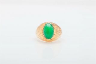Tyl Lee Signed Antique 1940s 7ct Natural Green Jade 14k Yellow Gold Mens Ring