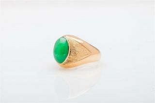TYL LEE Signed Antique 1940s 7ct Natural Green Jade 14k Yellow Gold Mens Ring 2