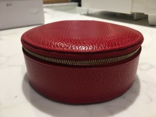 Smythson of Bond Street red leather circular jewellery jewelry box / wallet,  VGC 2
