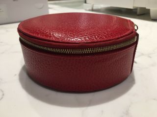 Smythson of Bond Street red leather circular jewellery jewelry box / wallet,  VGC 3