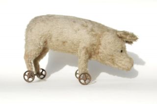 Antique C1920 Steiff Pig Pull Toy On Wheels Steel Button In Ear 28cm Long Small