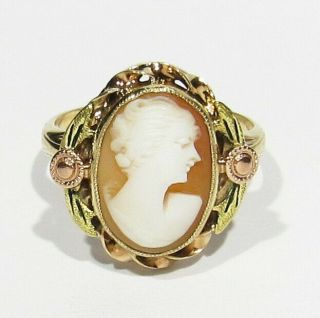 Old Antique Rose Green & Yellow 12k Gold Hand Carved Woman Profile Cameo Ring 7