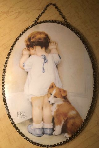 Vintage Bessie Pease Gutmann In Disgrace Chain Framed Picture Print Childs Puppy