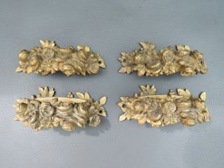 Set Of 4 Vintage Ornate Brass Drawer Handles Decorated With Flowers
