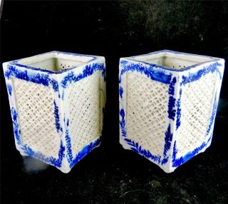 Pair Antique Japanese Porcelain Reticulated Cricket Cages Pots