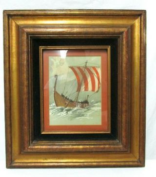 David Cobb " The Norsemen " Viking Longship Print Wood Framed Vintage Art