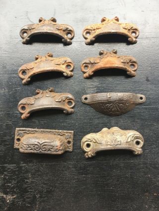 Antique Vintage Ornate Cast Iron Drawer / Door Bin Pulls Handles Rustic