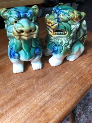 Vintage Pair Chinese Foo Dogs Guardian Lions Green & Brown