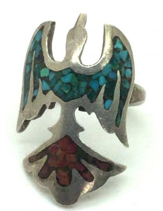 Vintage Southwestern Oxidized Silver 925 Coral Turquoise Inlay Eagle Bird Ring