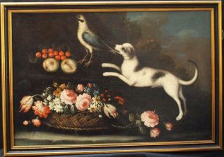 Large 17th Century Dog With Bird In Extensive Landscape Antique Oil Painting
