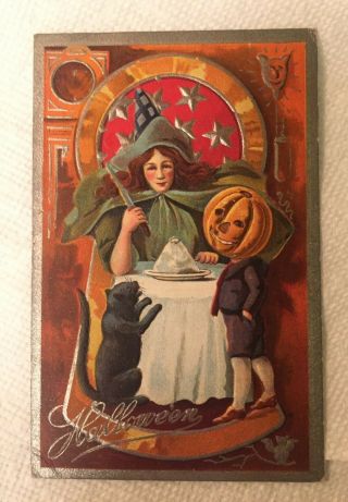 Vintage 1909 Halloween Postcard - Witch,  Pumpkin Boy,  Black Cat 3