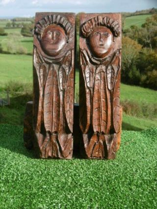 Pr 18thc Architectural Oak Wood Corbels With Carved Heads
