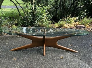 Adrian Pearsall Mid Century Modern Oval Jacks Walnut Glass Coffee Table Surf