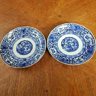 Pair Antique Chinese Blue And White Dragon Plates