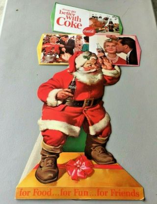Vintage Coca Cola Cardboard Santa Claus Things Go Better W Coke Easel Sign Old