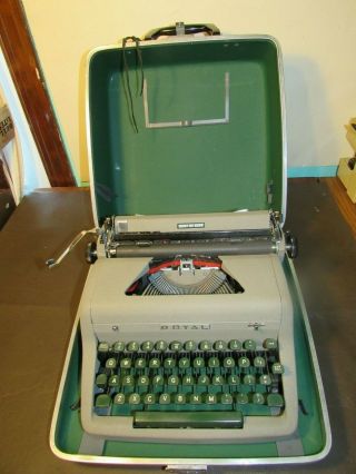 Vintage Royal Quiet Deluxe Portable Typewriter Grey With Green Keys Locking Case