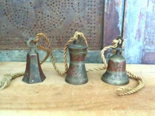 Primitive Vintage Brass Bells Of Sarna India Set 3 Strung Jingle Bells Goat Cow