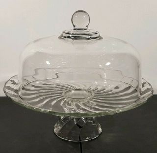 Vtg Clear Glass Swirl Cake Stand With Dome Lid