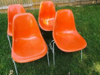 4x Vintage Herman Miller Eames Shell Chair Fiberglass Mid Century Orange Mcm