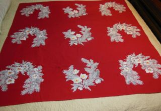 Htf Vintage Wilendure Red Christmas Tablecloth White Pine Branches Prim Roses