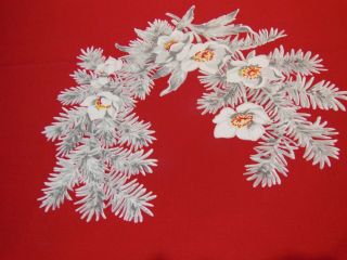 HTF Vintage WILENDURE Red Christmas Tablecloth White Pine Branches Prim Roses 3