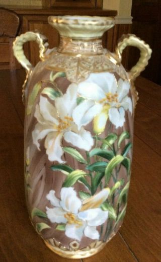 Antique Hand Painted Nippon Porcelain Vase W/ribbon Handles 11.  25 " Ca.  1915 Exc