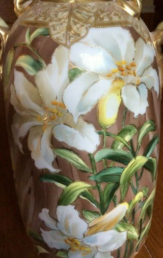 Antique hand painted Nippon Porcelain Vase w/ribbon handles 11.  25 