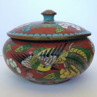 Antique Vintage Chinese Cloisonne Enamel Covered Bowl W Fenghuang Bird & Flowers