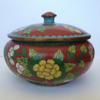 Antique Vintage Chinese Cloisonne Enamel Covered Bowl w Fenghuang Bird & Flowers 2