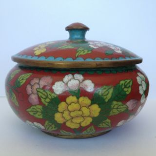 Antique Vintage Chinese Cloisonne Enamel Covered Bowl w Fenghuang Bird & Flowers 3