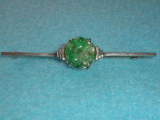 Antique Chinese Carved Jade Button 9ct White Gold Art Deco Brooch Geometric Set
