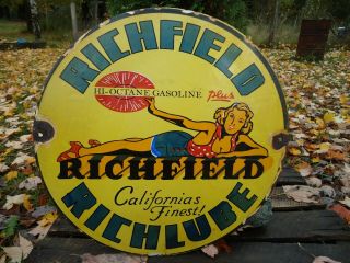 Vintage Richfield Richlube Hi - Octane Gasoline Porcelain Enamel Gas Pump Sign