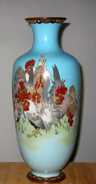 Unusual Antique Large Meiji Period Japanese Cloisonne Enamel Vase - Rooster/hens